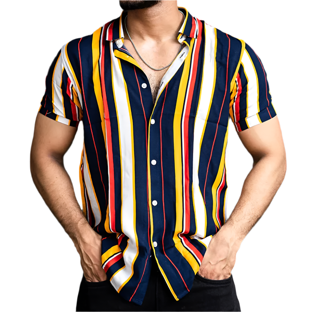 Person wearing a colorful striped shirt against a black background