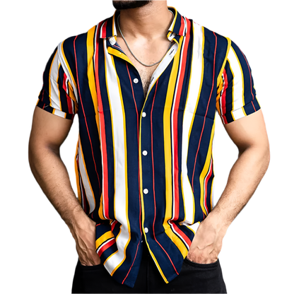 Person wearing a colorful striped shirt against a black background