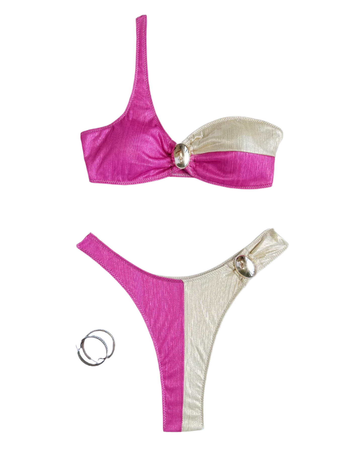 A bikini set with a one-shoulder design, featuring a combination of pink and cream colors. The pieces are accented with decorative gold rings.