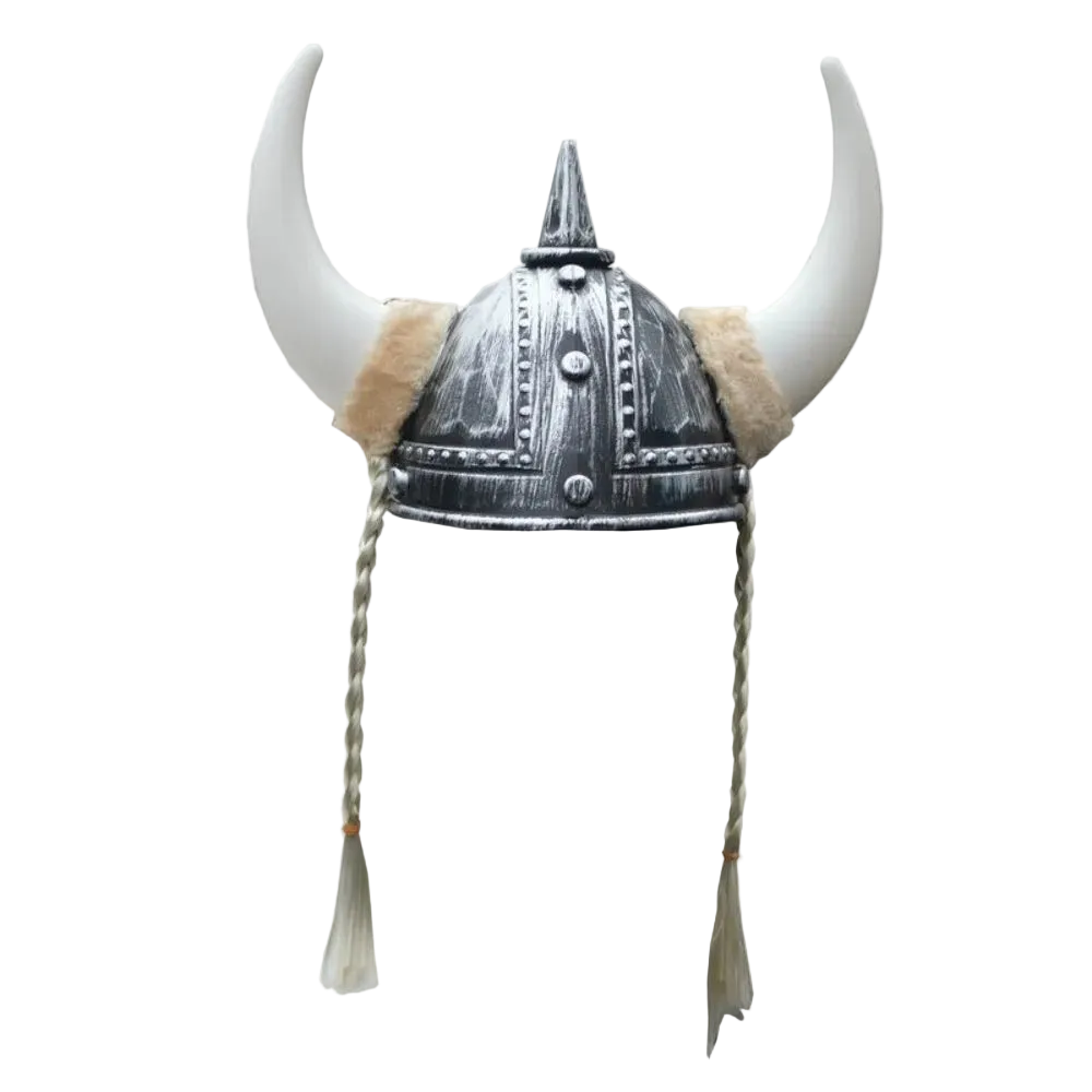 Viking helmet with horns and braided strings on a white background