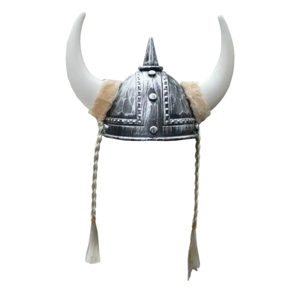 Viking helmet with horns and braided strings on a white background