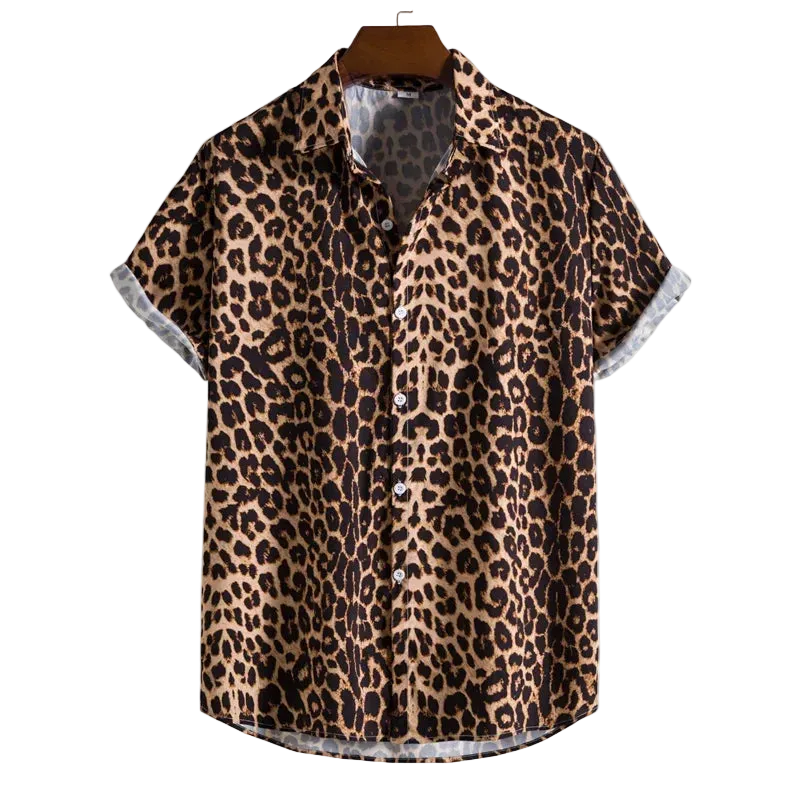 Leopard print shirt on a hanger with a white background
