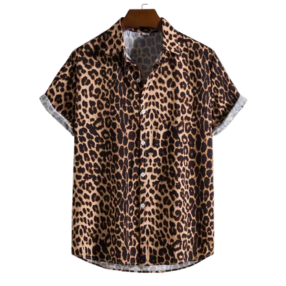 Leopard print shirt on a hanger with a white background