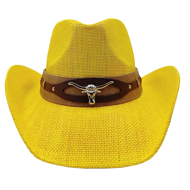 Yellow cowboy hat with a brown band featuring a longhorn design on a white background