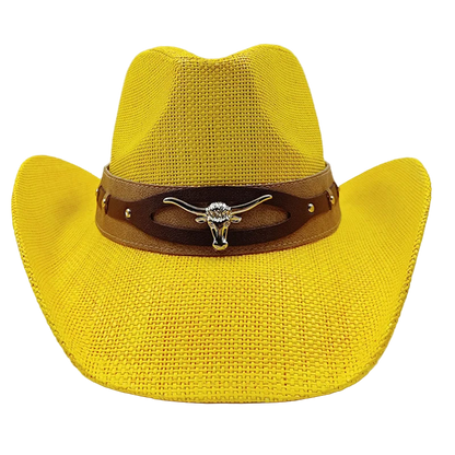 Yellow cowboy hat with a brown band featuring a longhorn design on a white background