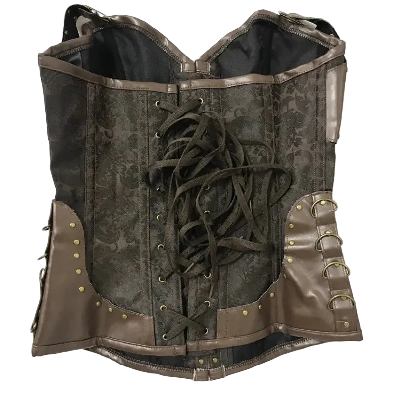 Brown leather corset with intricate lacing on a white background