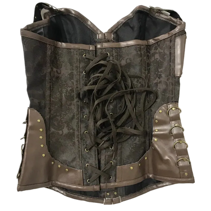 Brown leather corset with intricate lacing on a white background