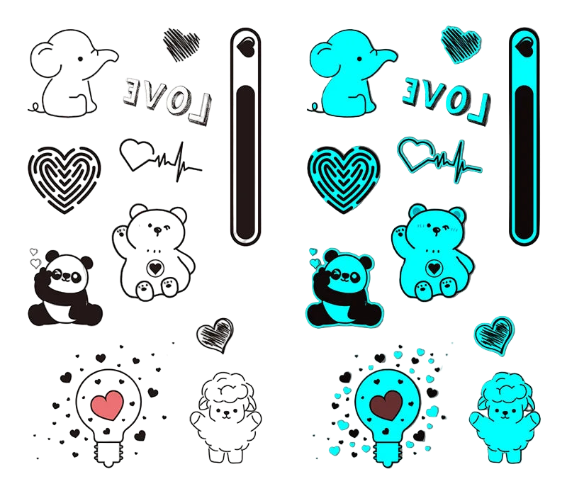 Two sheets of temporary tattoos featuring cartoon animals and symbols on a white and gray background.