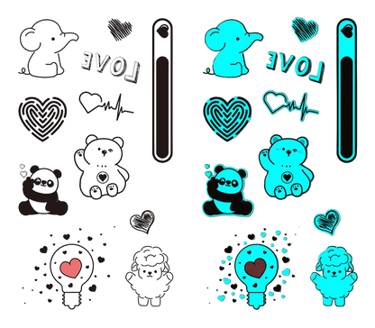 Two sheets of temporary tattoos featuring cartoon animals and symbols on a white and gray background.