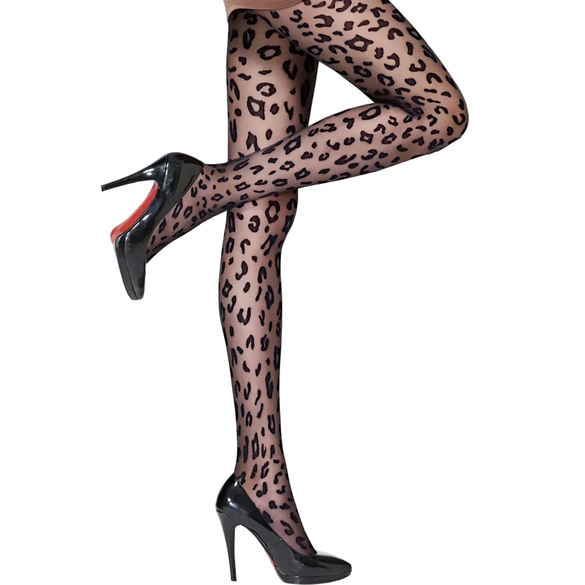Leopard print tights worn by a person with black high heels on a white background