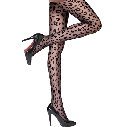 Leopard print tights worn by a person with black high heels on a white background
