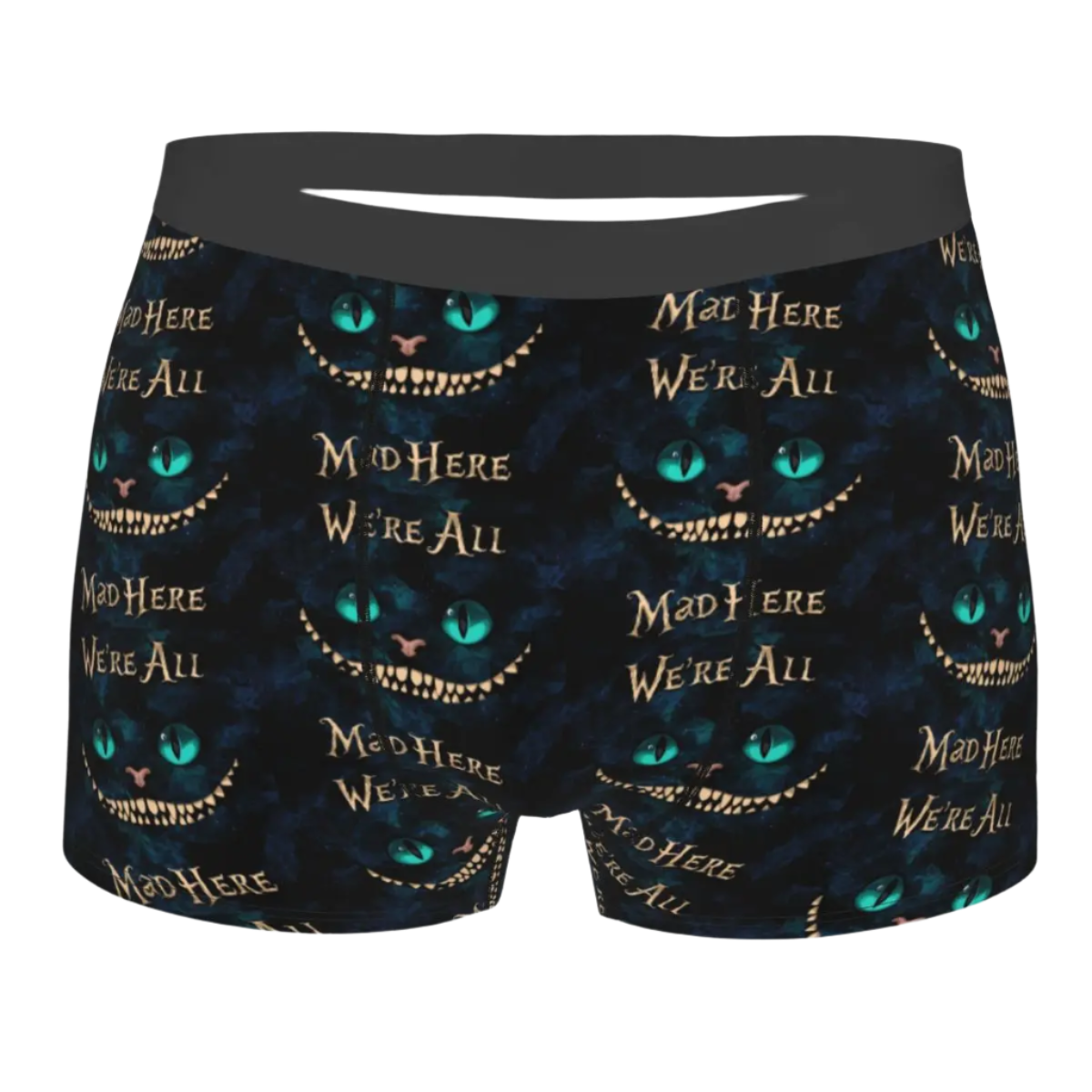 boxer shorts featuring the Cheshire Cat design from Alice in Wonderland, with glowing turquoise eyes and distinctive grinning teeth illuminated against a dark background.