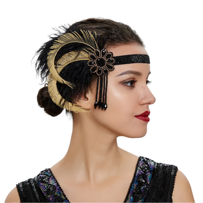 Gold rhinestone and feather headband with 1920s Gatsby design for luxury resort theme nights

