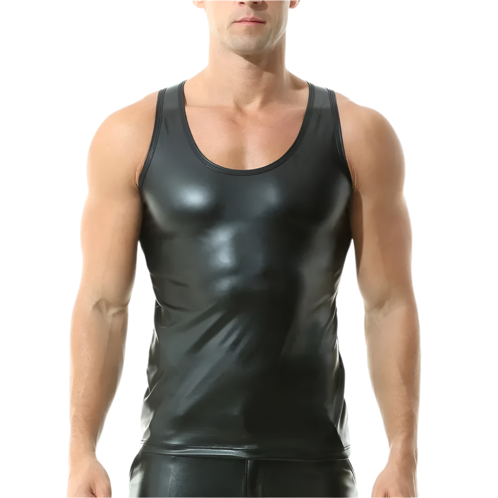 Man wearing a black tank top on a white background
