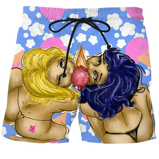 Swim shorts with cartoon-style design of two characters on a colorful background