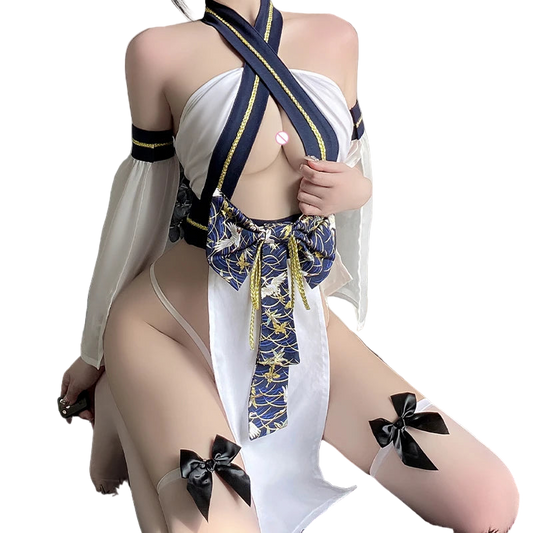 Person wearing a revealing outfit with suspenders and black bows on a neutral background