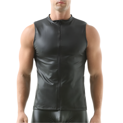 Man wearing a black sleeveless leather outfit on a white background