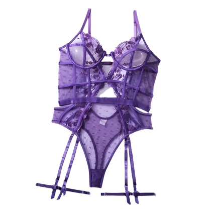 Purple lace lingerie set with 'Jil Sander' branding on a white background.