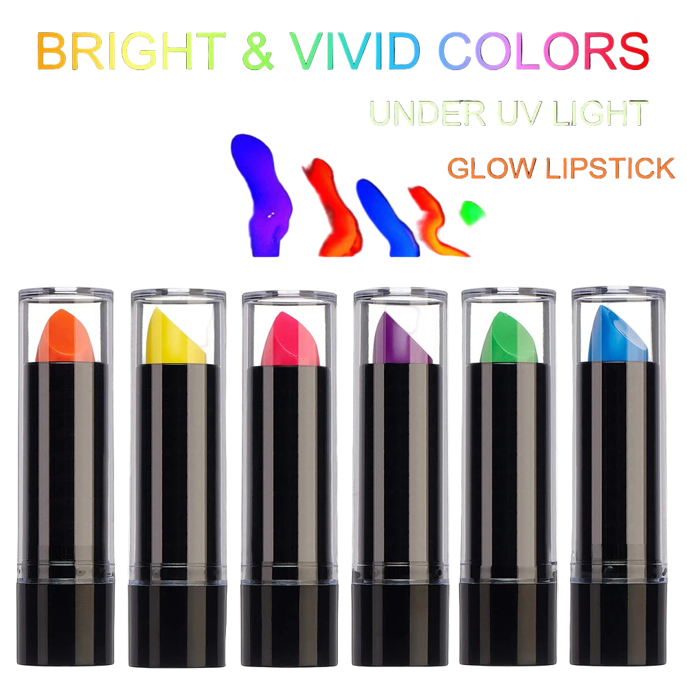 Glow lipstick with bright and vivid colors under UV light, displayed against a white background.