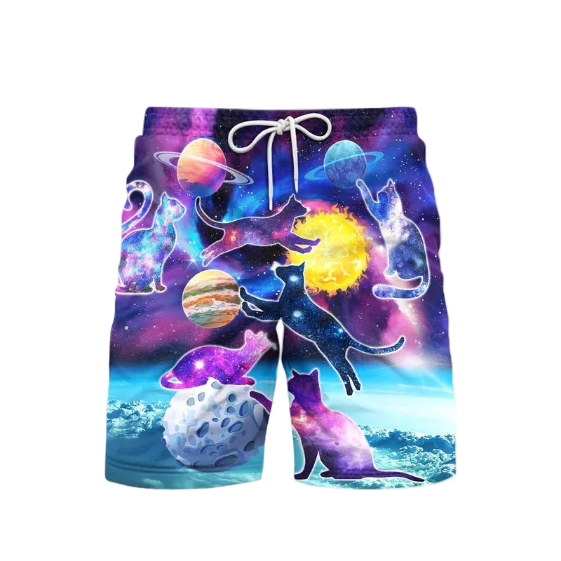 Colorful shorts with space-themed design featuring cats and planets on a white background.
