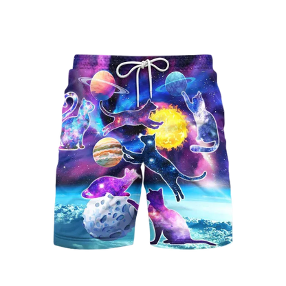 Colorful shorts with space-themed design featuring cats and planets on a white background.