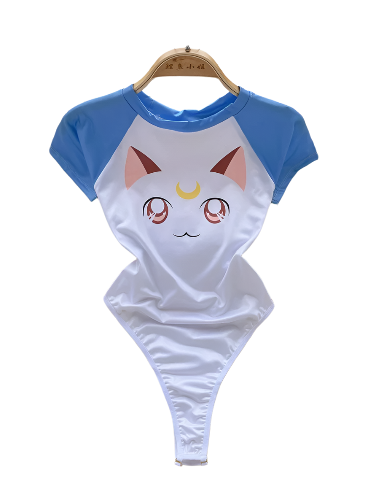 Cat print summer bodysuit with O-neck and short sleeves for resort casual wear

