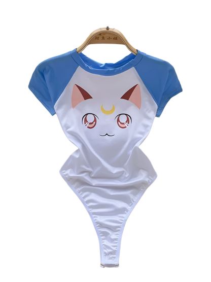 Cat print summer bodysuit with O-neck and short sleeves for resort casual wear

