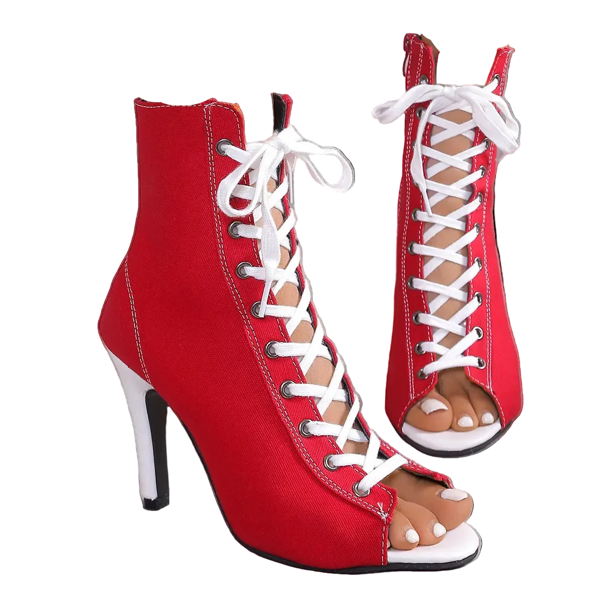 Red high-heeled lace-up shoes with white laces on a neutral background