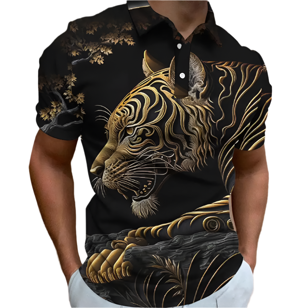 Oversized 3D animal print polo shirt with retro design, perfect for resort golf and casual wear

