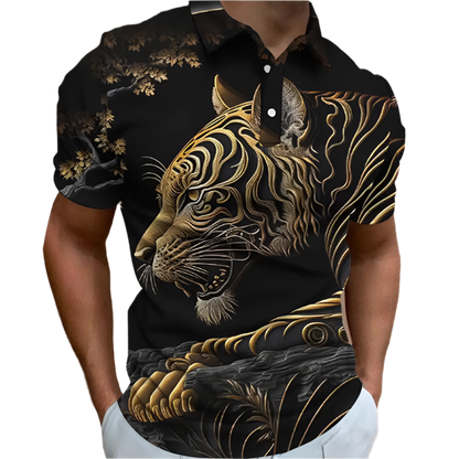 Oversized 3D animal print polo shirt with retro design, perfect for resort golf and casual wear

