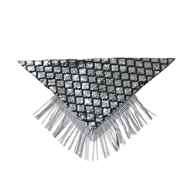 Triangular decorative piece with rhinestone pattern and fringe on a white background