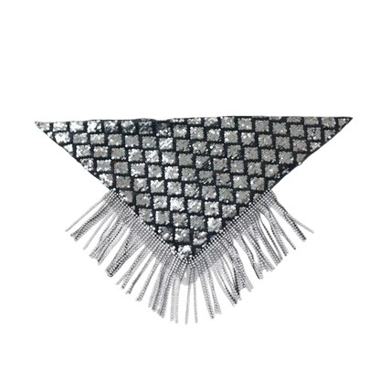 Triangular decorative piece with rhinestone pattern and fringe on a white background