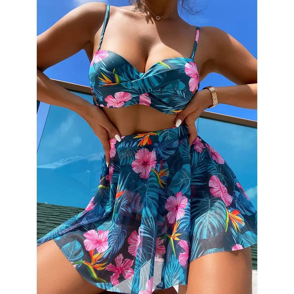 Women's Tropical Print Push Up Bikinis Set