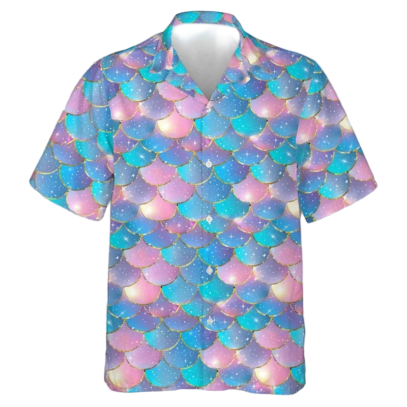 A short-sleeve button-up camp shirt featuring a mermaid scale pattern in pastel pink, purple, and blue with gold outlines and white star details, shown on a white background.