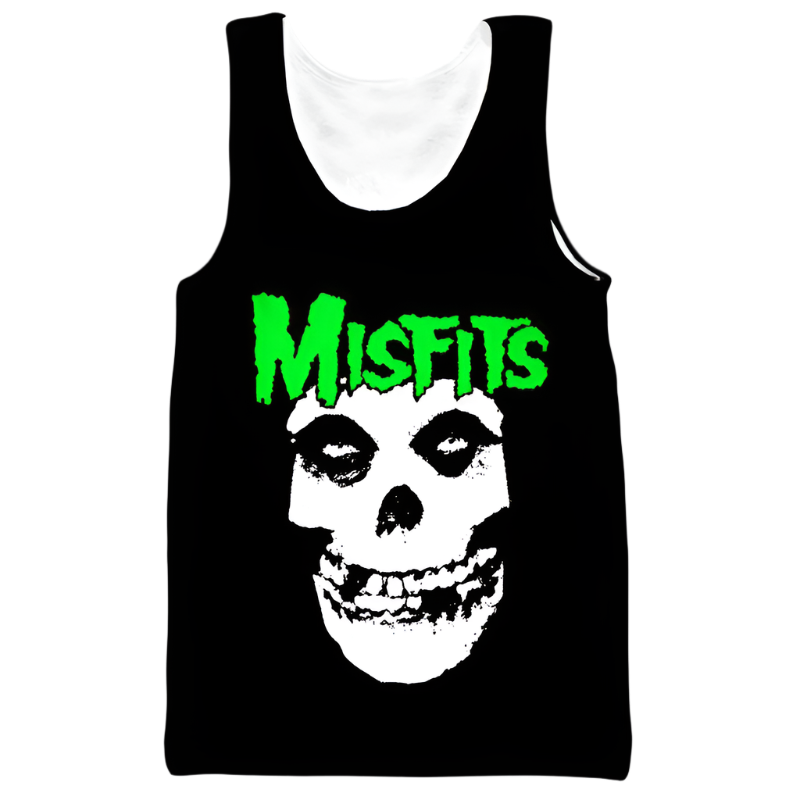 Black tank top with a skull graphic and 'Misfits' text in green on a white background