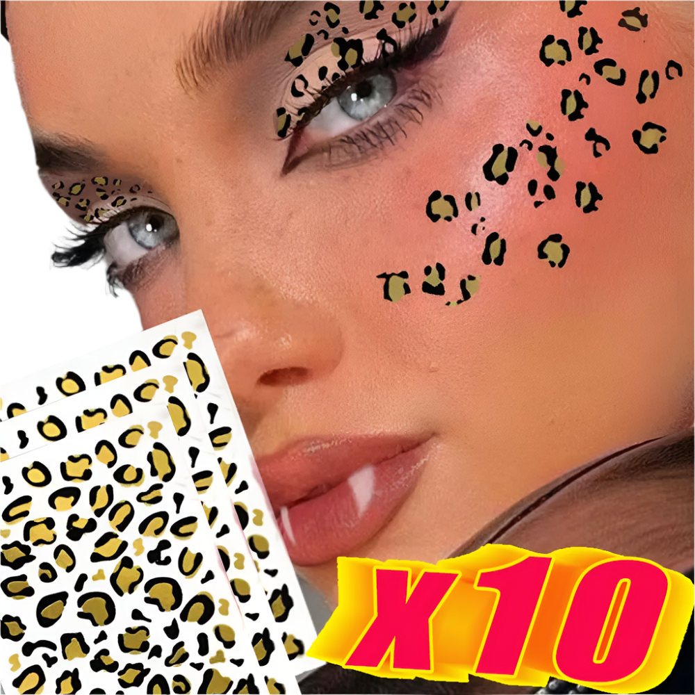 Metallic leopard print temporary tattoo stickers with foil finish, perfect for resort theme nights

