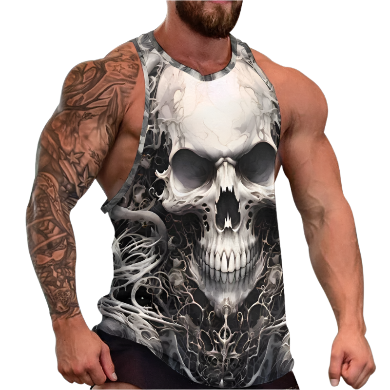 Man wearing a tank top with a skull design on a white background