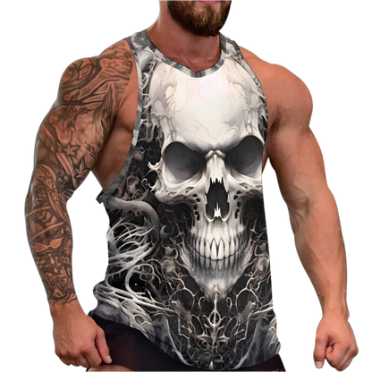 Man wearing a tank top with a skull design on a white background