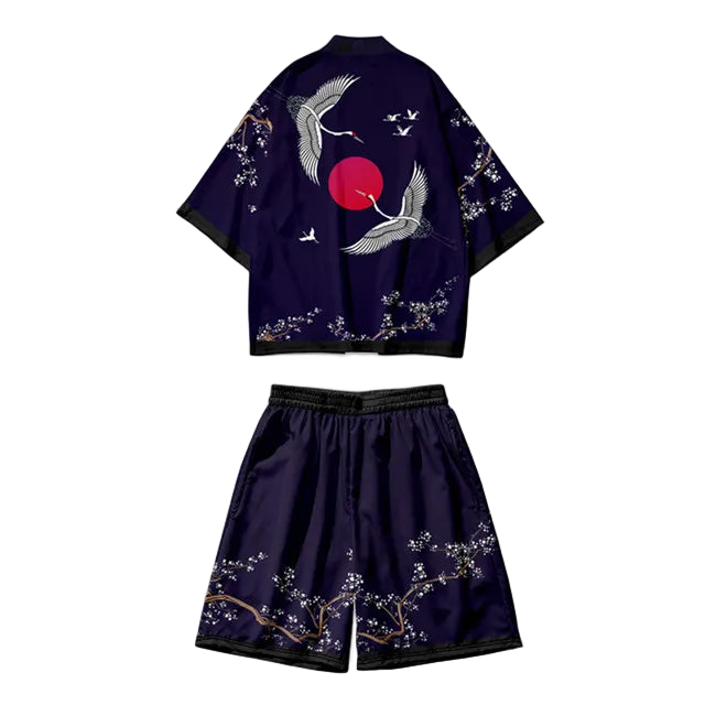 Navy blue outfit with crane and cherry blossom design on a white background