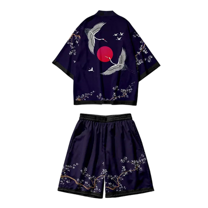 Navy blue outfit with crane and cherry blossom design on a white background