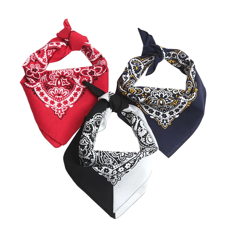 Three bandanas in red, black, and blue with white patterns on a white background