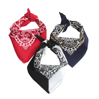 Three bandanas in red, black, and blue with white patterns on a white background