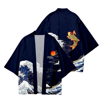 Navy blue kimono with wave and fish design on a white background