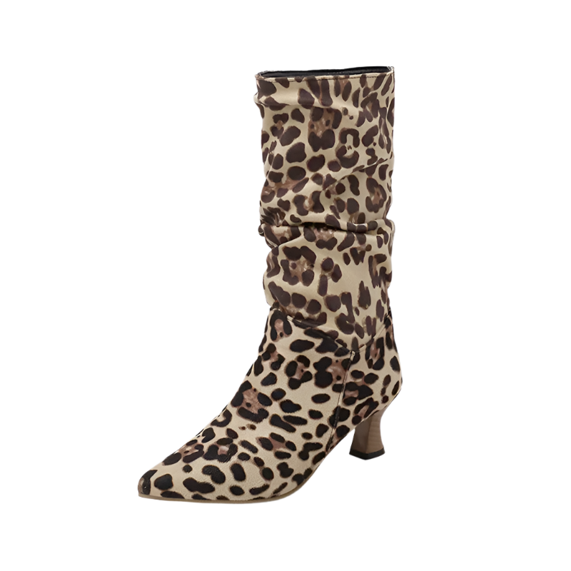 Elegant leopard print mid-calf boots featuring pointed toe and medium heel design, available in extended sizes up to 43

