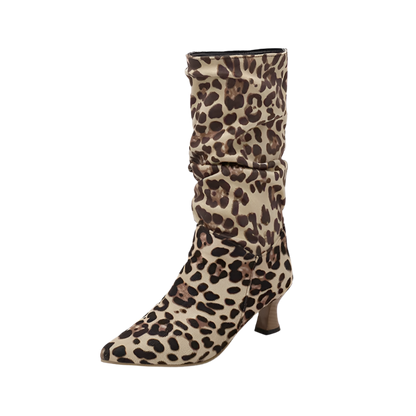 Elegant leopard print mid-calf boots featuring pointed toe and medium heel design, available in extended sizes up to 43

