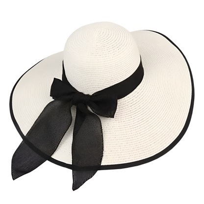 White straw hat with a black ribbon on a white background