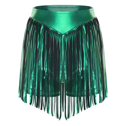Women Iridescent Metallic Hot Pants with Fringed High Waist Tassel Skirted Shorts Cheeky Shorts Stage Dance Jazz Rock Clubwear