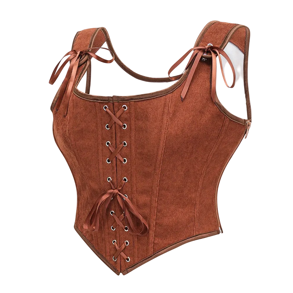 Brown corset with lace-up front on a white background