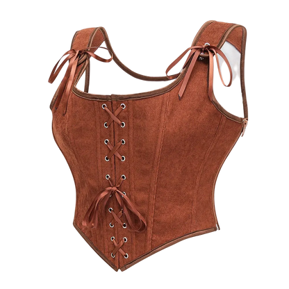 Brown corset with lace-up front on a white background
