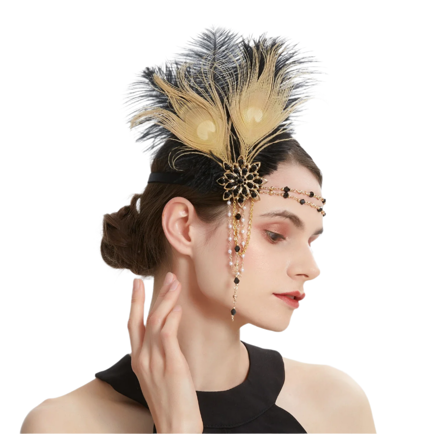 Gold rhinestone and feather headband with 1920s Gatsby design for luxury resort theme nights

